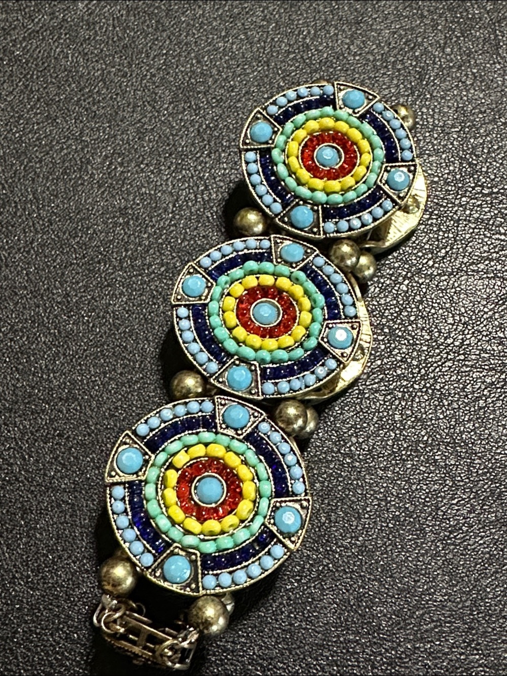 Bronze Tone Medallion Style Multicolored Bead Inlay Bracelet - Picture 13 of 16